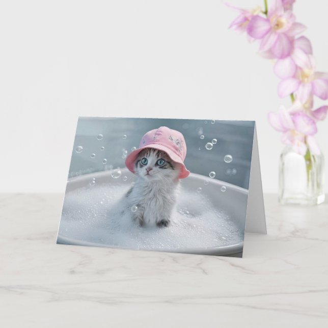 Thinking of You Cute Cat Kitten in a Bubble Bath  Card (Orchid)