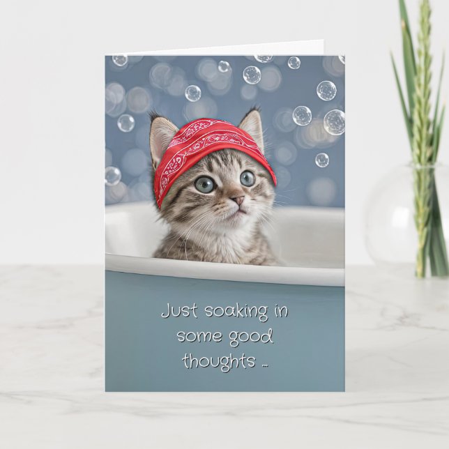 Thinking of You Cute Kitten Cat in a Bubble Bath Card (Front)