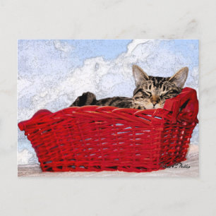 Thinking of You Cute Sleeping Kitten Red Basket Postcard