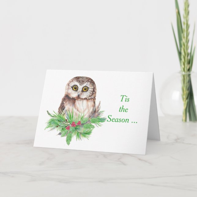 Thinking of you Cute Watercolor Owl Holiday Card (Front)