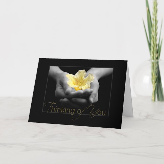 Thinking of You Elegant Yellow Flower In Hands Card (Front)
