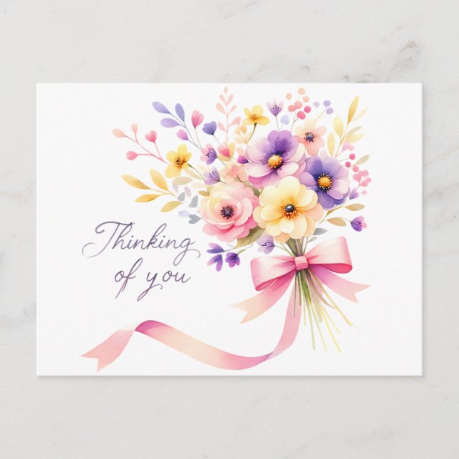 "Thinking of You" Floral Bouquet Pink Ribbon Postcard (Front)