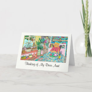 Thinking of you for Aunt with cat at table Card