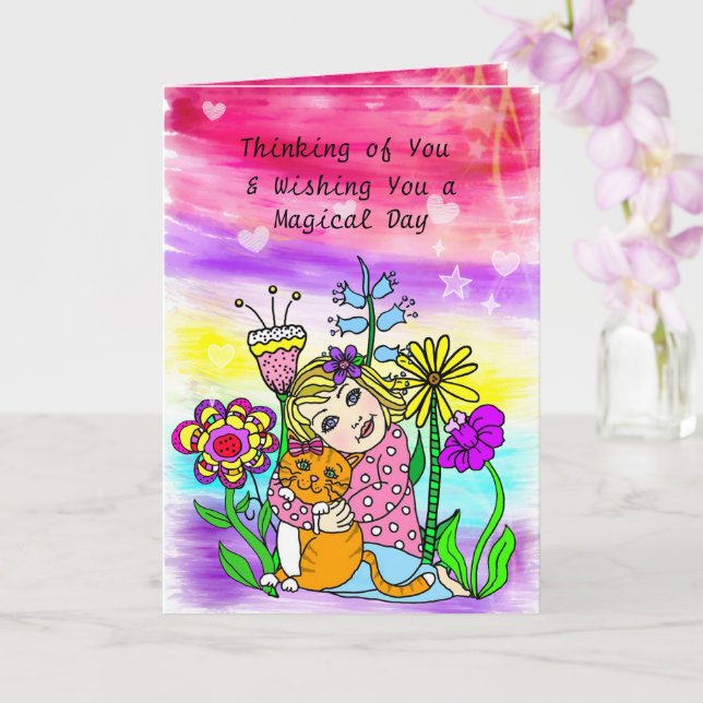 Thinking of You Friendship Whimsical Cat and Girl Card (Orchid)
