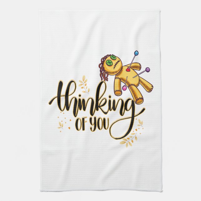 Thinking of You Funny Halloween Voodoo Doll Tea Towel (Vertical)