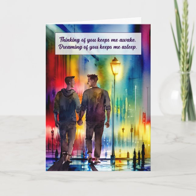 Thinking of You Gay Men Hand in Hand Rainbow Card (Front)