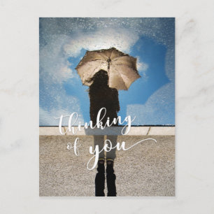 "Thinking of You" Girl, Umbrella Reflected in Pool Postcard