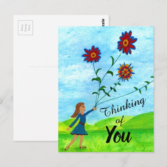 Thinking of You Girl With Flowers Postcard (Front/Back)