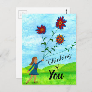 Thinking of You Girl With Flowers Postcard