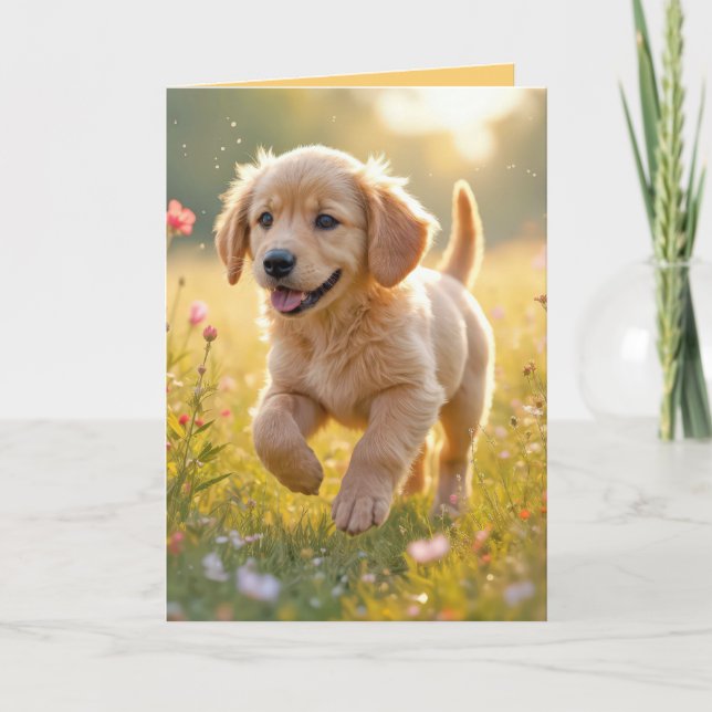 Thinking Of You Golden Retriever Puppy In a Meadow Card (Front)