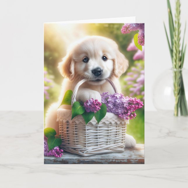 Thinking of You Golden Retriever Puppy With Lilacs Card (Front)