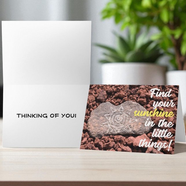 Thinking Of You Hand Etched Sun On Rock Greeting Card (Cover and inside template text standard folding greeting card)