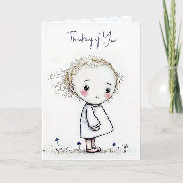 Thinking of You Little Girl Sketch In Wildflowers Card (Front)
