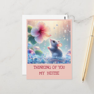 Thinking of you Pink Blush Flower Mystical Mouse  Postcard