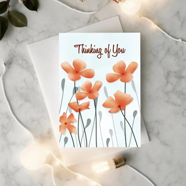Thinking of You Poppy Get Well Card (Front cover of a minimal poppy get well card with soft light and “Thinking of You” message)