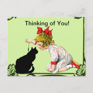 THINKING OF YOU POSTCARD VINTAGE CHILD W CAT ARA