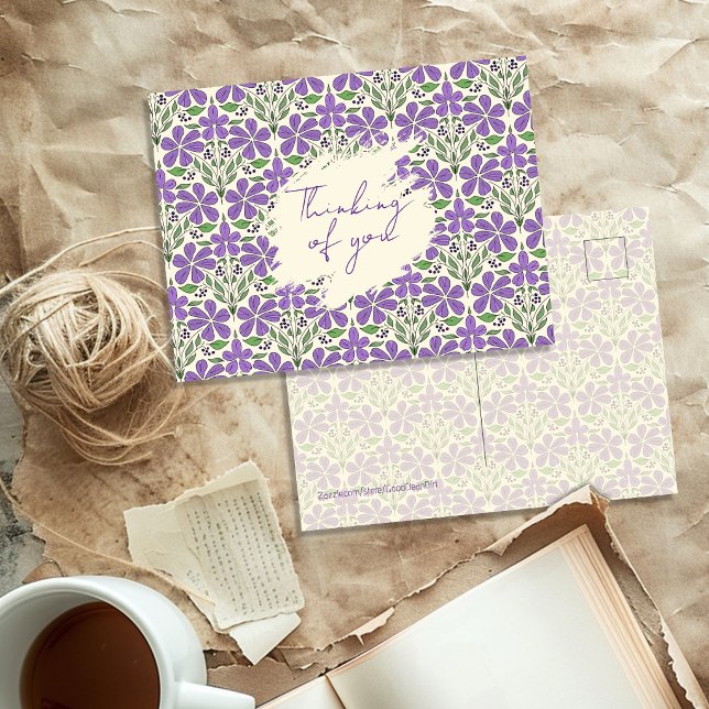 Thinking of You Purple Hand Drawn Pattern Postcard (Creator Uploaded)
