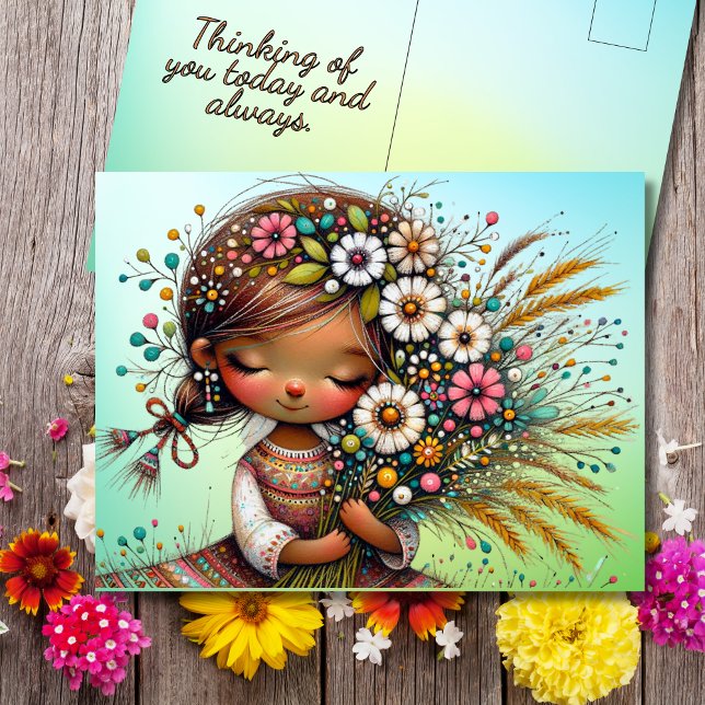 Thinking of You Retro Girl Flowers Postcard (Creator Uploaded)