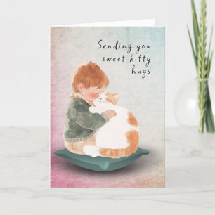 Thinking of You Sending Hugs Boy and Cat Card