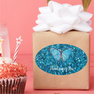 Thinking of You, Shiny Blue Glitzy Template Oval Sticker