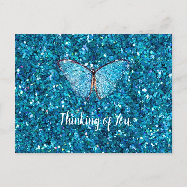 Thinking of You, Shiny Blue Glitzy Template Postcard (Front)