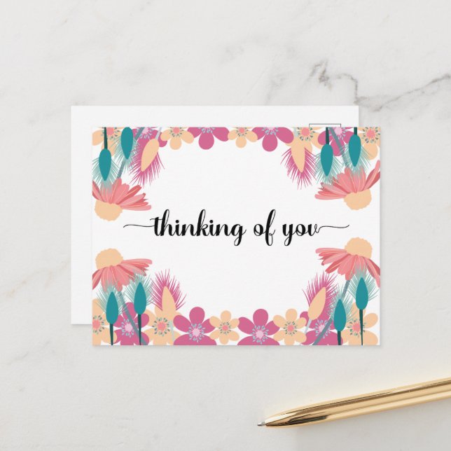 Thinking of you Spring Flowers with editable text Postcard (Front/Back In Situ)