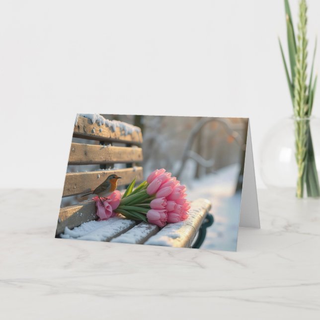 Thinking of You Spring Robin With Pink Tulips Card (Front)