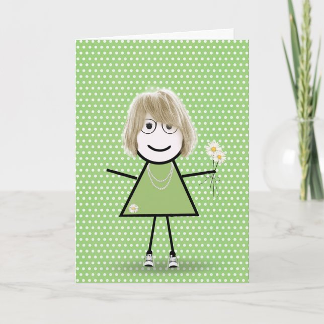 Thinking of You Stick Girl with Daisies  Card (Front)