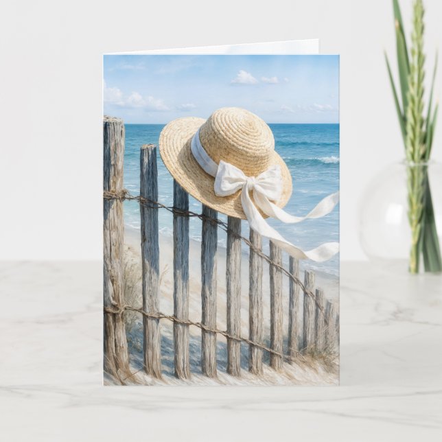 Thinking of You Straw Hat On a Beach Fence Card (Front)
