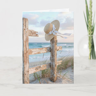 Thinking of You Sun Hat On a Beach Fence Card
