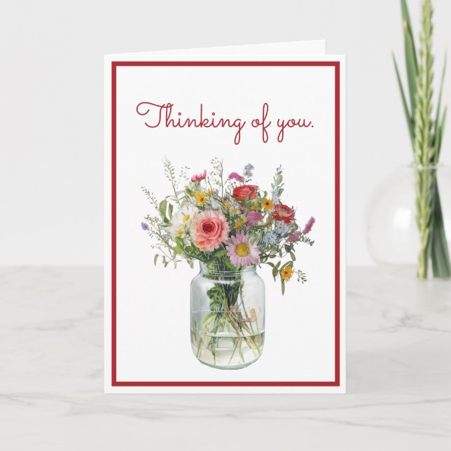 Thinking of You Watercolor Flowers in a Jar Card (Front)