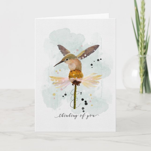 Thinking of You Watercolor Hummingbird Card (Front)