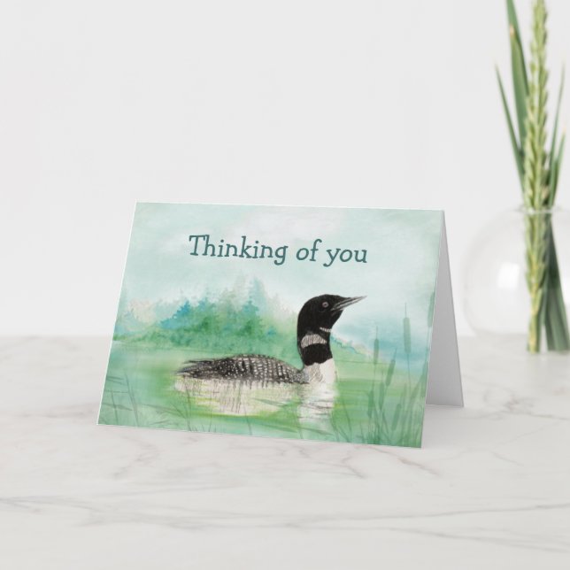 Thinking of You Watercolor Loon Bird Nature Card (Front)