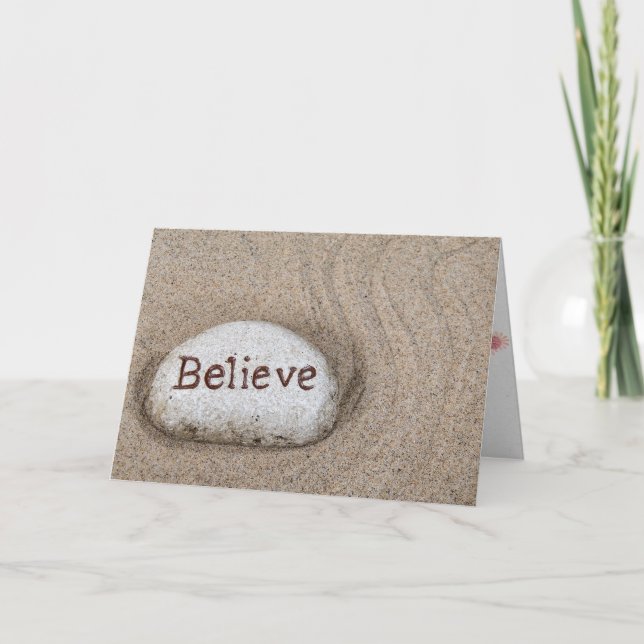 thinking of you-word Believe on rock in beach sand Card (Front)