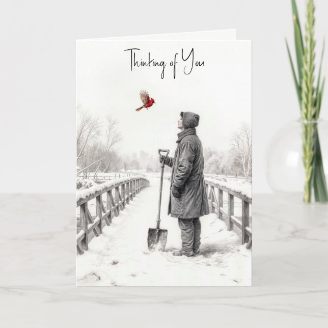 Thinking of You Young Man Watching a Cardinal Card (Front)