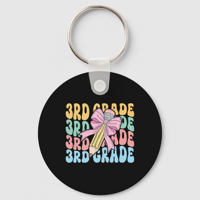 Third 3rd Grade Teacher Coquette Pencil Bow Back T Key Ring (Front)