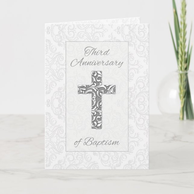 Third Anniversary Baptism Blessings Cross Swirls Card (Front)