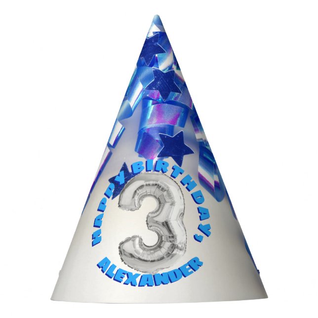 Third Birthday Boys Three Year Old Party Party Hat (Front)