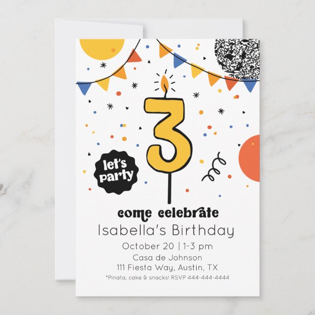 Third Birthday Candle Doodle Invitation (Front)