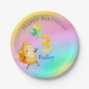 Third Birthday Custom Name Rainbow Balloons Paper Plate