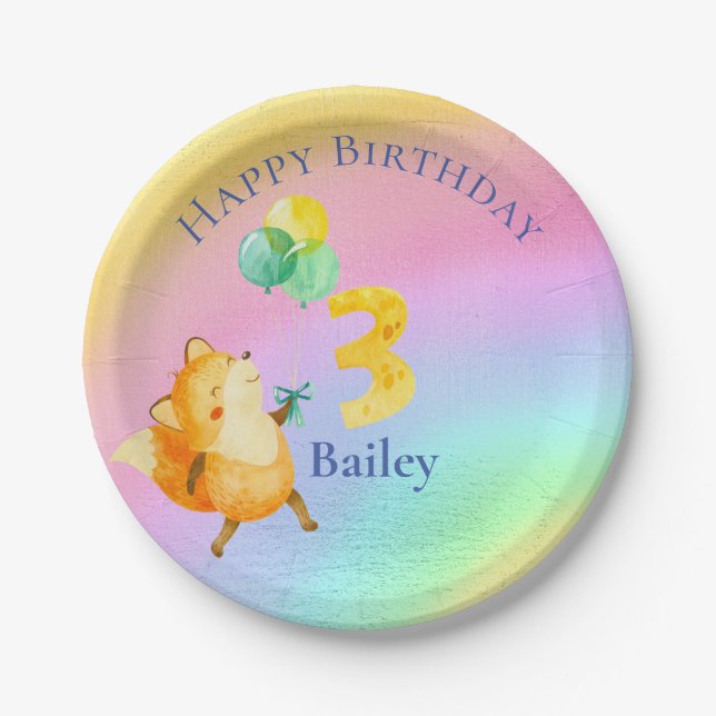 Third Birthday Custom Name Rainbow Balloons  Paper Plate (Front)