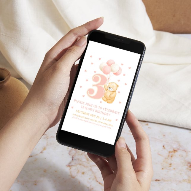 Third Birthday Cute Pink Bear Balloon Whimsical Invitation (Digital birthday invitation Party invite via phone, evite, Sms birthday invitation party)