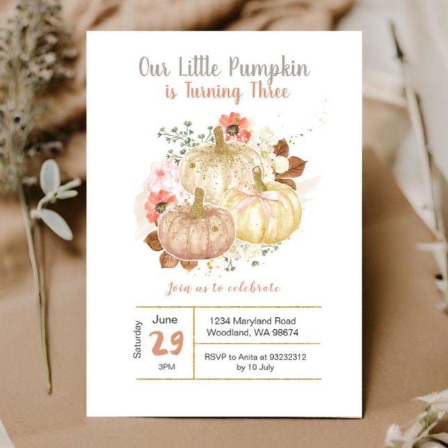Third Birthday Gold Pumpkins Floral  Invitation (Creator Uploaded)