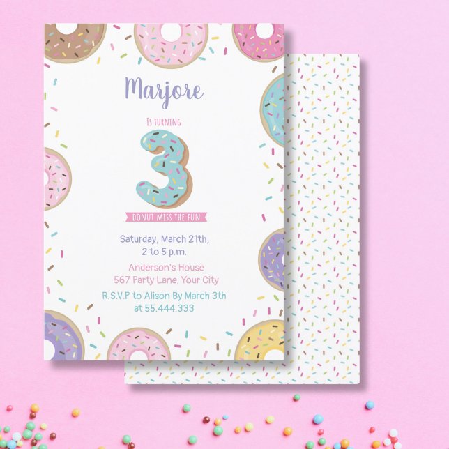 Third Birthday invitation, sweet doughnut invitati Invitation (Creator Uploaded)