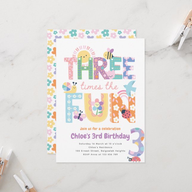 Third Birthday Invite Girl, Three Times the Fun (Front/Back In Situ)