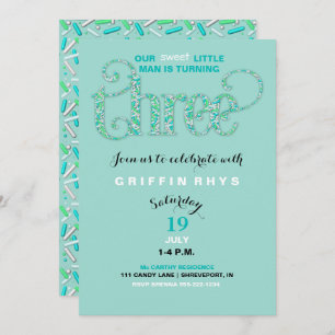 Third Birthday Mint & Aqua Sprinkles 3 Year Old Invitation