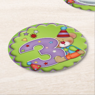 Third Birthday Party Clown Bear Paper Coasters