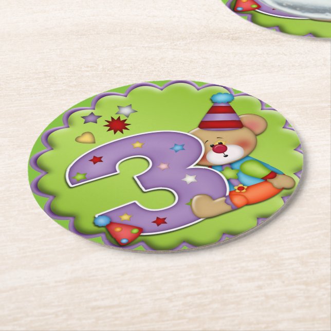 Third Birthday Party Clown Bear Paper Coasters (Angled)