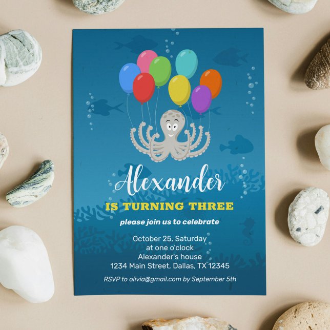 Third Birthday Party Octopus Balloons Invitation (Creator Uploaded)