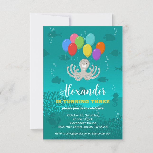 Third Birthday Party Octopus Balloons Invitation (Front)